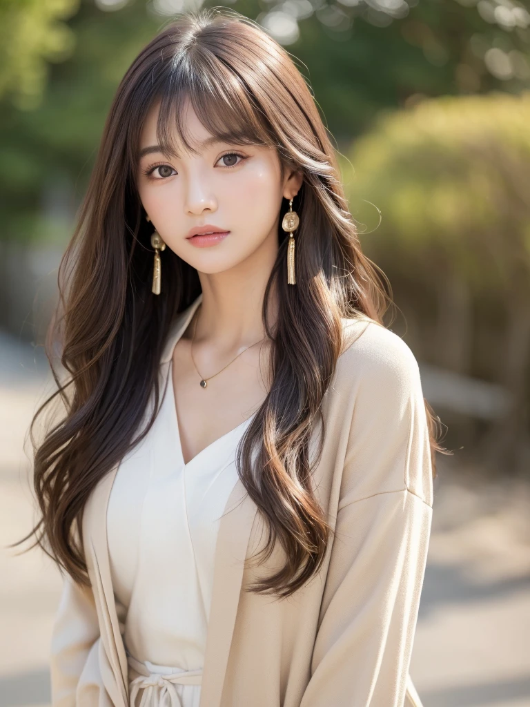  ((Highest quality, 8K, masterpiece:1.3)), concentrate: 1.2, Perfect body beauty: 1.4, Hips: 1.2, ((Long Hair, chest: 1.2)), (Dry clothes: 1.1) , (clear, Simple Background:1.3), Simple clothes: 1.1, Highly detailed face and skin texture,Delicate eyes, double eyelid, Whitened skin, Rough skin、Long Hair、Earrings with bangs、necklace、 solo、Beige coat、White shirt,  (((Beautiful girl with cute Japan)))、  ((Beautiful Japanese girl 20 years old))、 ((Baby Face))、 (((Slender body)))、  Upper Body，Face focus、necklace，Simple Background，From above， Realistic Hair、 A photograph was taken:Canon EOS R6、135mm、1/1250 seconds、f2.8、ISO400、(Detailed explanation of the hand)、(Masseter muscle area)、(Exquisite CG)、Long Hair, loose and curly hair、Korean Hair、Long Hair明るいベージュ色、グラデーションハイライトグレージュのゆるふわLong Hairスタイル、