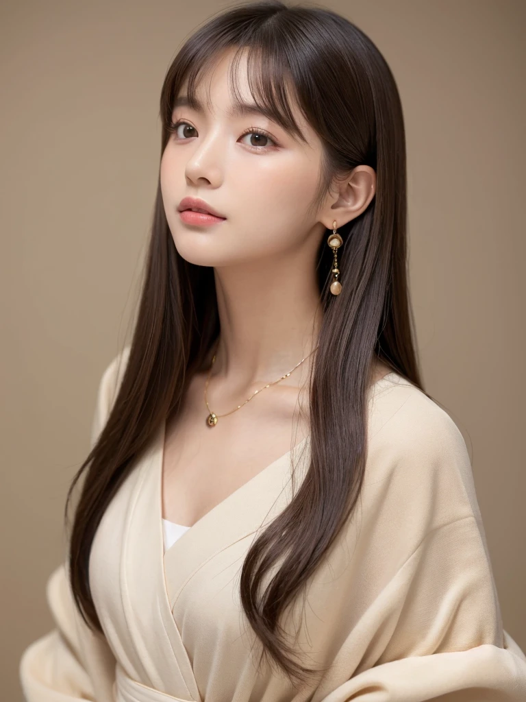  ((Highest quality, 8K, masterpiece:1.3)), concentrate: 1.2, Perfect body beauty: 1.4, Hips: 1.2, ((Long Hair, chest: 1.2)), (Dry clothes: 1.1) , (clear, Simple Background:1.3), Simple clothes: 1.1, Highly detailed face and skin texture,Delicate eyes, double eyelid, Whitened skin, Rough skin、Long Hair、Earrings with bangs、necklace、 solo、Beige coat、White shirt,  (((Beautiful girl with cute Japan)))、  ((Beautiful Japanese girl 20 years old))、 ((Baby Face))、 (((Slender body)))、  Upper Body，Face focus、necklace，Simple Background，From above， Realistic Hair、 A photograph was taken:Canon EOS R6、135mm、1/1250 seconds、f2.8、ISO400、(Detailed explanation of the hand)、(Masseter muscle area)、(Exquisite CG)、Long Hair, loose and curly hair、Korean Hair、Long Hair明るいベージュ色、グラデーションハイライトグレージュのゆるふわLong Hairスタイル、