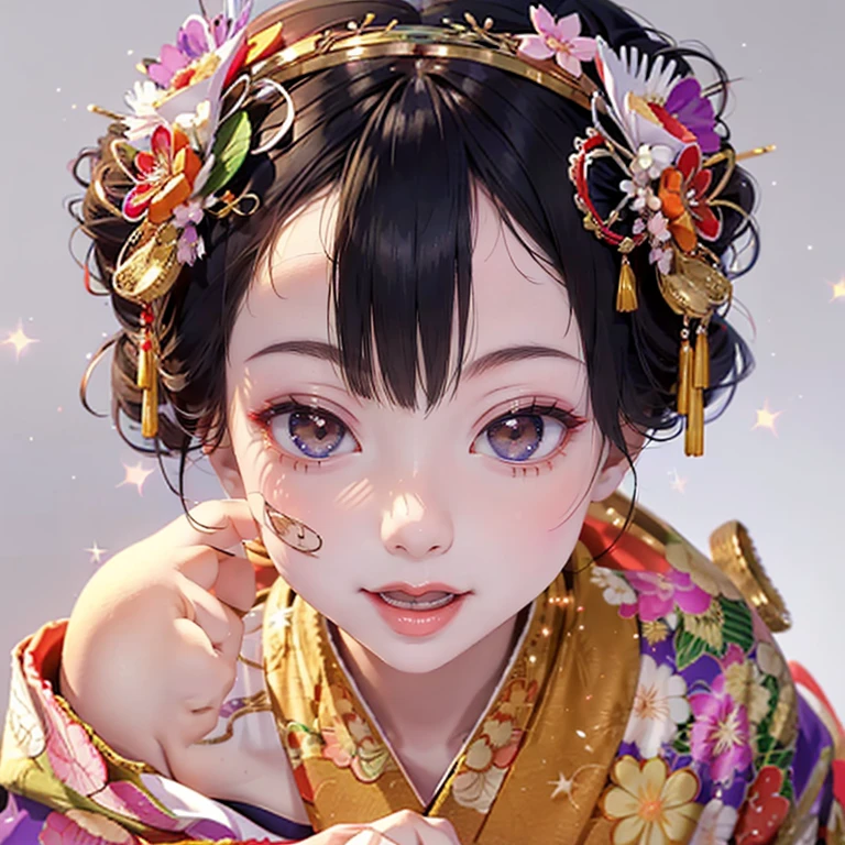 (PUNIPUNI clavicle KIMONO ((offshoulder)) KANZASHI FlowerHairpins Topknot TwinBun Oiran-Hair)High-level, 8K Masterpiece TopQuality, Ultra-detailed CG, Absurd detailed wallpaper, PerfectLighting, Extremely detailed (((Personifying " OIRAN " as a KAWAII Girl))), Characteristic Items, aesthetic LifeLike Rendering, MysticSight, Haze Tyndall Scattering, (Studio GRAY Background with (Oodles Dazzling Iridescent 🌈Particles (BokeH))), (((Assfocus)) RoundlyButt) ThighGap, (Exposed:0.44) 🔞 BREAK (Acutance:0.8), (NOGIZAKA FaceVariations) Extremely Detailed very KAWAII FaceVariations, Childish CaptivatingGaze ElaboratePupils ParfectEyes with (SparklingHighlights:1.28), (Voluminous LongEyelashes:0.88), 💄💋✨ GlossyRedLips with BeautifulDetails, CoquettishTongue, PUNIPUNI RosyCheeks, Radiant PearlSkin with Transparency, Glowing DowneyHair . { (Dynamic LifeLike expressions:1.4) | (:d) }, (large eyes:-1) .