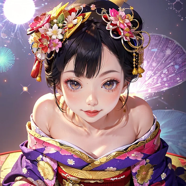 (PUNIPUNI clavicle KIMONO ((offshoulder)) KANZASHI FlowerHairpins Topknot TwinBun Oiran-Hair)High-level, 8K Masterpiece TopQuality, Ultra-detailed CG, Absurd detailed wallpaper, PerfectLighting, Extremely detailed (((Personifying " OIRAN " as a KAWAII Girl))), Characteristic Items, aesthetic LifeLike Rendering, MysticSight, Haze Tyndall Scattering, (Studio GRAY Background with (Oodles Dazzling Iridescent 🌈Particles (BokeH))), (((Assfocus)) RoundlyButt) ThighGap, (Exposed:0.44) 🔞 BREAK (Acutance:0.8), (NOGIZAKA FaceVariations) Extremely Detailed very KAWAII FaceVariations, Childish CaptivatingGaze ElaboratePupils ParfectEyes with (SparklingHighlights:1.28), (Voluminous LongEyelashes:0.88), 💄💋✨ GlossyRedLips with BeautifulDetails, CoquettishTongue, PUNIPUNI RosyCheeks, Radiant PearlSkin with Transparency, Glowing DowneyHair . { (Dynamic LifeLike expressions:1.4) | (:d) }, (large eyes:-1) .