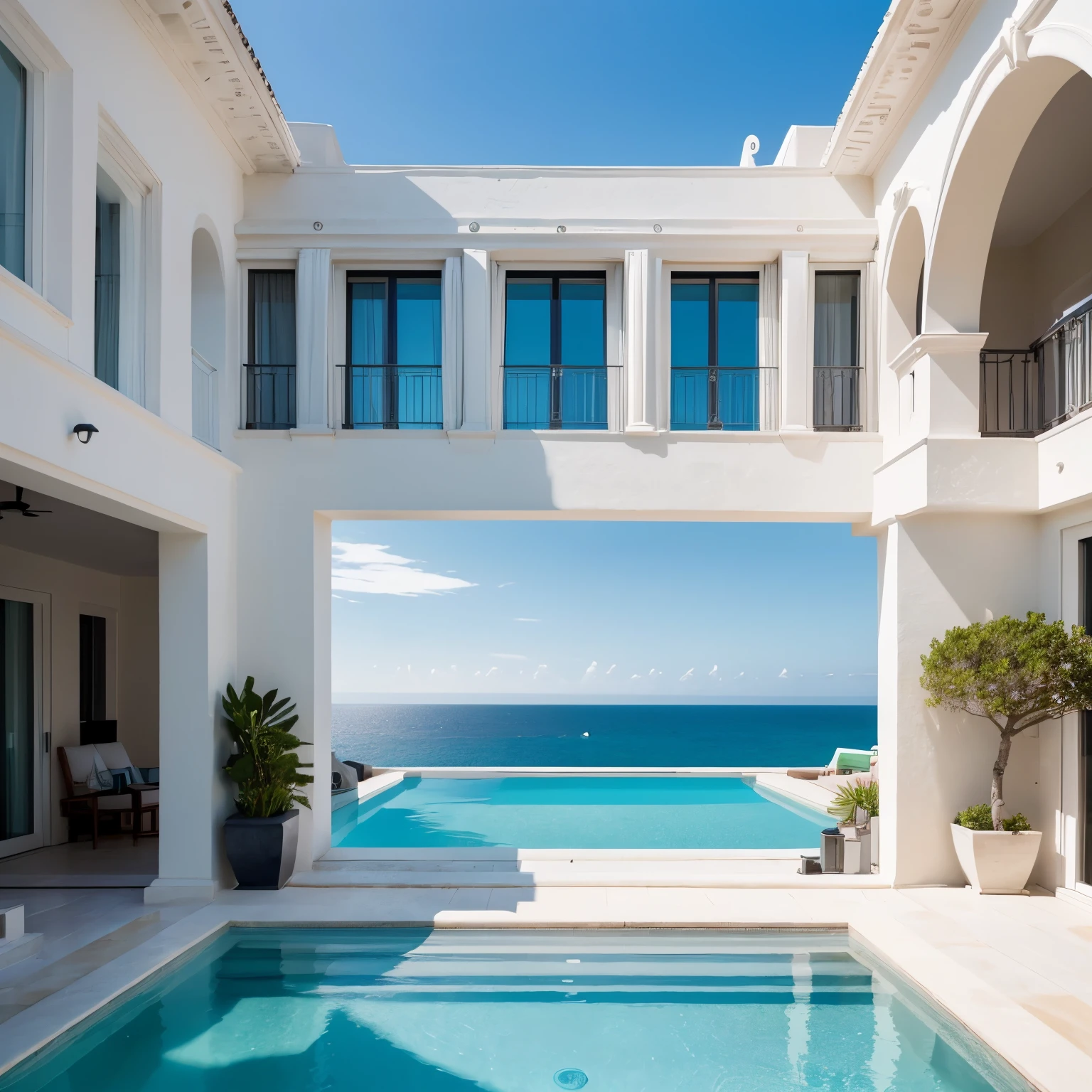A high-resolution photo of a luxurious infinity pool overlooking the ocean, adjacent to a modern white-walled villa with arched windows and a terrace. The water in the pool is clear and reflects the blue sky, while the villa's design is minimalistic and elegant. The overall scene is serene and captures the beauty of a coastal retreat with sharp details and a realistic style.