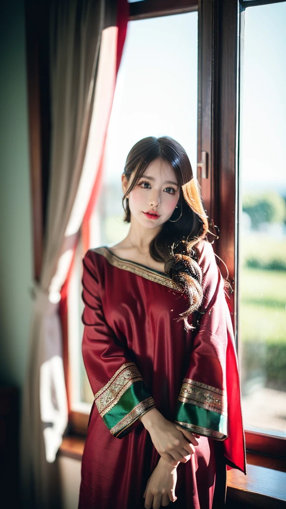 (((HD photo))), ultra high res.photorealistic:. 1.4, UHD (best quality,4k,8k,highres,masterpiece:1.3),ultra-detailed,(realistic,photorealistic,photo-realistic:1.37),1 girl,beautiful detailed eyes,beautiful detailed lips,extremely detailed face,long eyelashes,medium:oil painting,soft lighting,impressionistic style,red colors,beautifully shalwar kameez dressed,wistful expression,standing with one hand on the window frame,gentle breeze blowing her hair,warm sunlight streaming through the window,green plants visible outside the window,soft curtains framing the girl,peaceful atmosphere,serene and tranquil ambiance
