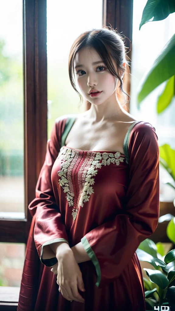 (((HD photo))), ultra high res.photorealistic:. 1.4, UHD1 girl,beautiful detailed eyes,beautiful detailed lips,extremely detailed face,long eyelashes,medium:oil painting,soft lighting,impressionistic style,red colors,beautifully shalwar kameez dressed,wistful expression,standing with one hand on the window frame,gentle breeze blowing her hair,warm sunlight streaming through the window,green plants visible outside the window,soft curtains framing the girl,peaceful atmosphere,serene and tranquil ambiance