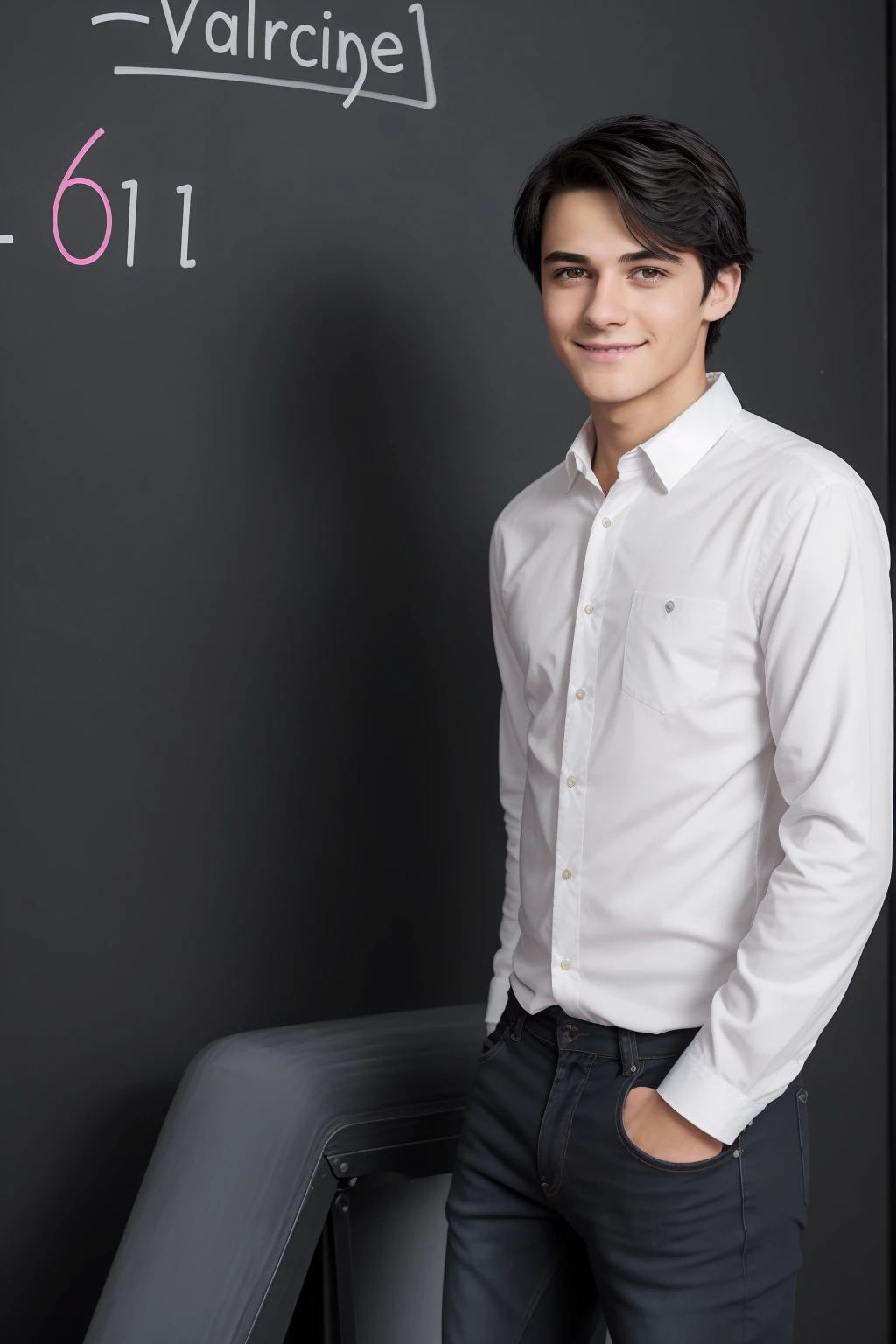 A beautiful young man, a cute male twink, with black hair, wearing a white long-sleeved shirt and jeans, and he is in his office, and behind him is a blackboard with calculus written on it, and neon energy comes out of the blackboard, and he looks on proudly.