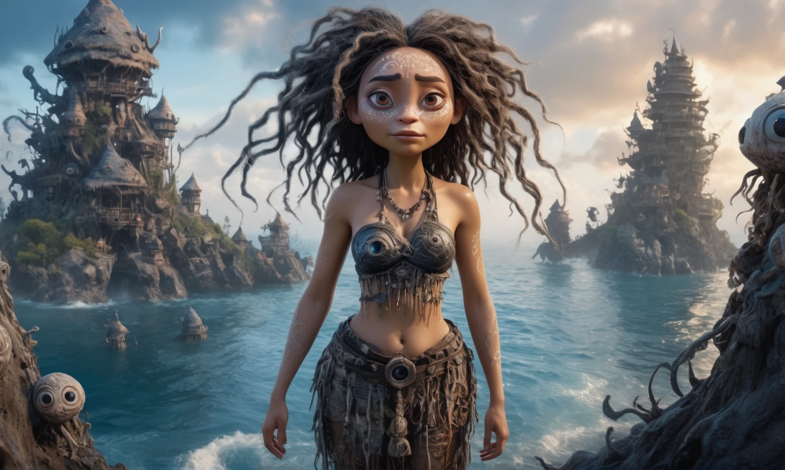 view from height,full-body-shot,obsidian The Alien Entity Moana, sassiness temper,natural jellyfish's skin textures, hyper realisitc, hyper detailed,Extremely detailed,High contrast, ,Realistic,Ultra Detailed,intricate details,realistic humid skin,extremely intricate,Epic Realistic, Romantic, cinematic style,irina yermolova, messy hair,extremely detailed, ,masterpiece,intricate details,faded,eyes extremely detailed, high detailed eyes,32k resolution, Nikon Z9,orc's village of fishers,National Forest Park,full body length,mother-of-marble,ominous landscape,floating islands on background in dangerous atmosphere,intricate details,realistic humid skin,extremely intricate details,anatomically correct,faded,eyes extremely detailed, high detailed eyes,UHD,Retina,HDR,natural skin textures, hyper realism, hyper detailed,High contrast,Realism,Ultra Detailed,irina yermolova,close full body shot, masterpiece,faded,32k resolution, Nikon Z9,sunset, a Tim Burton-inspired dreamscape,Bun Hair,(Folk clothes:1.5),Mestichino,Light particles,marble's leather