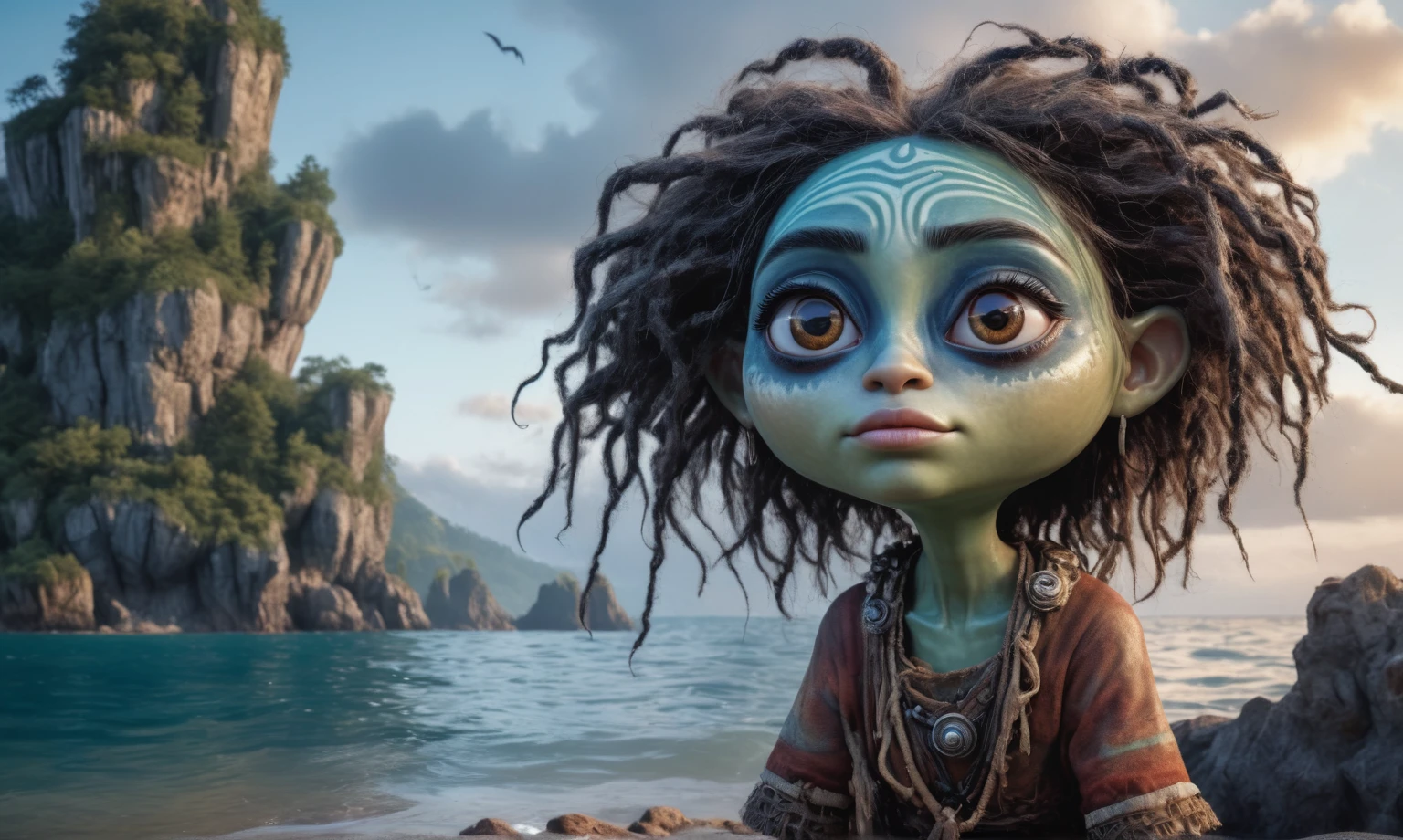 view from height,full-body-shot,obsidian The Alien Entity Moana, sassiness temper,natural jellyfish's skin textures, hyper realisitc, hyper detailed,Extremely detailed,High contrast, ,Realistic,Ultra Detailed,intricate details,realistic humid skin,extremely intricate,Epic Realistic, Romantic, cinematic style,irina yermolova, messy hair,extremely detailed, ,masterpiece,intricate details,faded,eyes extremely detailed, high detailed eyes,32k resolution, Nikon Z9,orc's village of fishers,National Forest Park,full body length,mother-of-marble,ominous landscape,floating islands on background in dangerous atmosphere,intricate details,realistic humid skin,extremely intricate details,anatomically correct,faded,eyes extremely detailed, high detailed eyes,UHD,Retina,HDR,natural skin textures, hyper realism, hyper detailed,High contrast,Realism,Ultra Detailed,irina yermolova,close full body shot, masterpiece,faded,32k resolution, Nikon Z9,sunset, a Tim Burton-inspired dreamscape,Bun Hair,(Folk clothes:1.5),Mestichino,Light particles,marble's leather