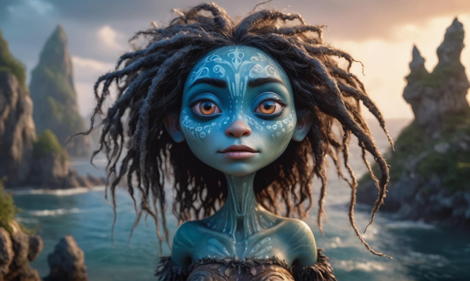 view from height,full-body-shot,obsidian The Alien Entity Moana, sassiness temper,natural jellyfish's skin textures, hyper realisitc, hyper detailed,Extremely detailed,High contrast, ,Realistic,Ultra Detailed,intricate details,realistic humid skin,extremely intricate,Epic Realistic, Romantic, cinematic style,irina yermolova, messy hair,extremely detailed, ,masterpiece,intricate details,faded,eyes extremely detailed, high detailed eyes,32k resolution, Nikon Z9,orc's village of fishers,National Forest Park,full body length,mother-of-marble,ominous landscape,floating islands on background in dangerous atmosphere,intricate details,realistic humid skin,extremely intricate details,anatomically correct,faded,eyes extremely detailed, high detailed eyes,UHD,Retina,HDR,natural skin textures, hyper realism, hyper detailed,High contrast,Realism,Ultra Detailed,irina yermolova,close full body shot, masterpiece,faded,32k resolution, Nikon Z9,sunset, a Tim Burton-inspired dreamscape,Bun Hair,(Folk clothes:1.5),Mestichino,Light particles,marble's leather