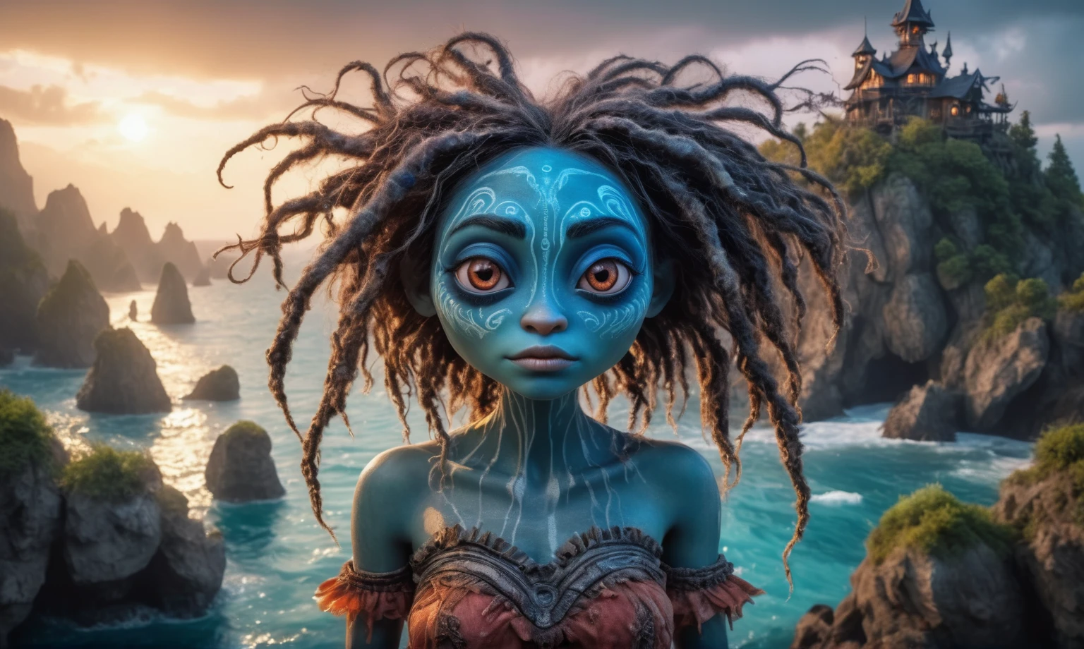 view from height,full-body-shot,obsidian The Alien Entity Moana, sassiness temper,natural jellyfish's skin textures, hyper realisitc, hyper detailed,Extremely detailed,High contrast, ,Realistic,Ultra Detailed,intricate details,realistic humid skin,extremely intricate,Epic Realistic, Romantic, cinematic style,irina yermolova, messy hair,extremely detailed, ,masterpiece,intricate details,faded,eyes extremely detailed, high detailed eyes,32k resolution, Nikon Z9,orc's village of fishers,National Forest Park,full body length,mother-of-marble,ominous landscape,floating islands on background in dangerous atmosphere,intricate details,realistic humid skin,extremely intricate details,anatomically correct,faded,eyes extremely detailed, high detailed eyes,UHD,Retina,HDR,natural skin textures, hyper realism, hyper detailed,High contrast,Realism,Ultra Detailed,irina yermolova,close full body shot, masterpiece,faded,32k resolution, Nikon Z9,sunset, a Tim Burton-inspired dreamscape,Bun Hair,(Folk clothes:1.5),Mestichino,Light particles,marble's leather