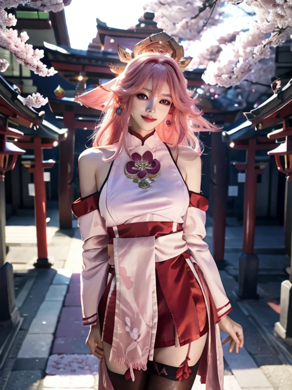 1girl, (ulzzang-6500:0.725), kpop idol, yae miko, detached sleeves, bare shoulders, pink hair, long hair, best quality, (photorealistic:1.2), (hair ornament:1.35), jewelry, purple eyes, earrings,, large breasts, torii, cherry blossoms, lantern light, depth of field, detailed face, face focus, (looking at viewer:1.25), shiny skin, long sleeves, smile, thick lips, game cg, thighhighs, hands on lips, east asian architecture, blurry background, full body, arms behind back
