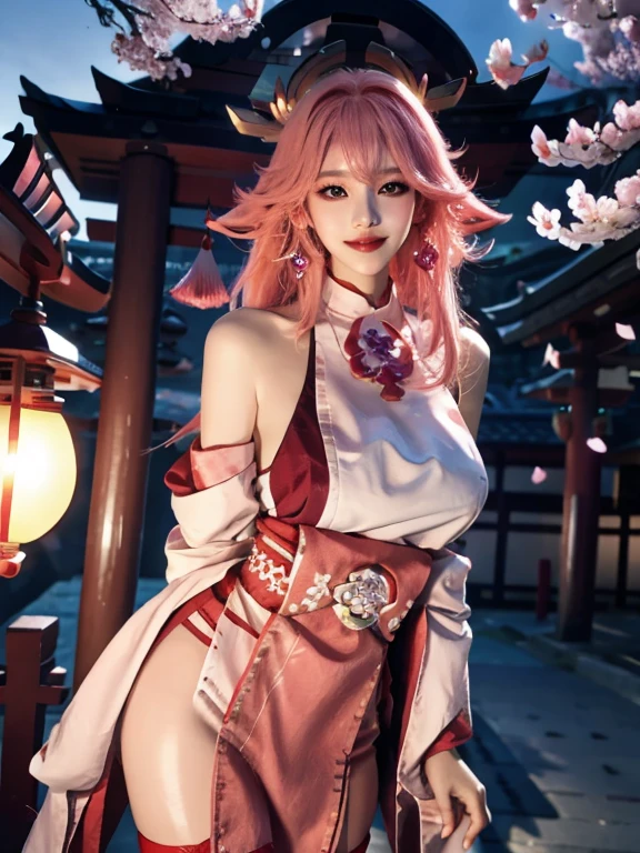 1girl, (ulzzang-6500:0.725), kpop idol, yae miko, detached sleeves, bare shoulders, pink hair, long hair, best quality, (photorealistic:1.2), (hair ornament:1.35), jewelry, purple eyes, earrings,, large breasts, torii, cherry blossoms, lantern light, depth of field, detailed face, face focus, (looking at viewer:1.25), shiny skin, long sleeves, smile, thick lips, game cg, thighhighs, hands on lips, east asian architecture, blurry background, full body, arms behind back