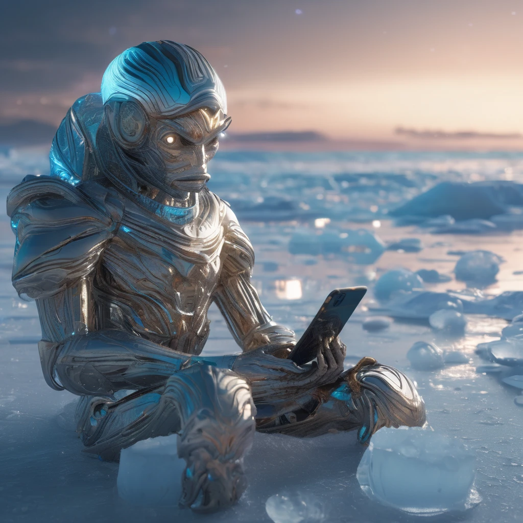A humanoid creature that lives under 3 niles of ice in Jupiter,s moon Titan watches Tik Tok on his ai device.highly detailed 8k cinematic photography 1080pp