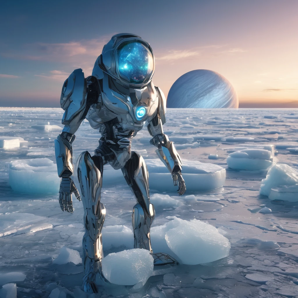 A humanoid creature that lives under 3 niles of ice in Jupiter,s moon Titan watches Tik Tok on his ai device.highly detailed 8k cinematic photography 1080pp