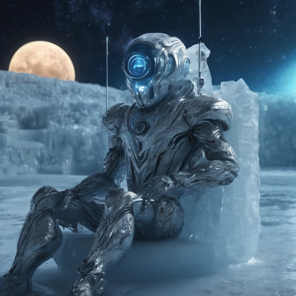 A humanoid creature that lives under 3 niles of ice in Jupiter,s moon Titan watches Tik Tok on his ai device.highly detailed 8k cinematic photography 1080pp