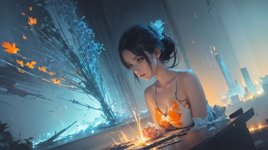 32k, Masterpiece, Highest quality, One girl, Detailed eyes, flower,gladiolus, Light blue and orange style,A dreamy, romantic piece,Pale yellow, Mysterious Leaves,A playful arrangement,Fantasy,High Contrast,Ink strokes,explosion,Exposure, Impression of light blue and orange tones,Abstract,((Watercolours by John Berkey and Jeremy Mann )) Brush strokes,Negative Space, Tyndall effect,
