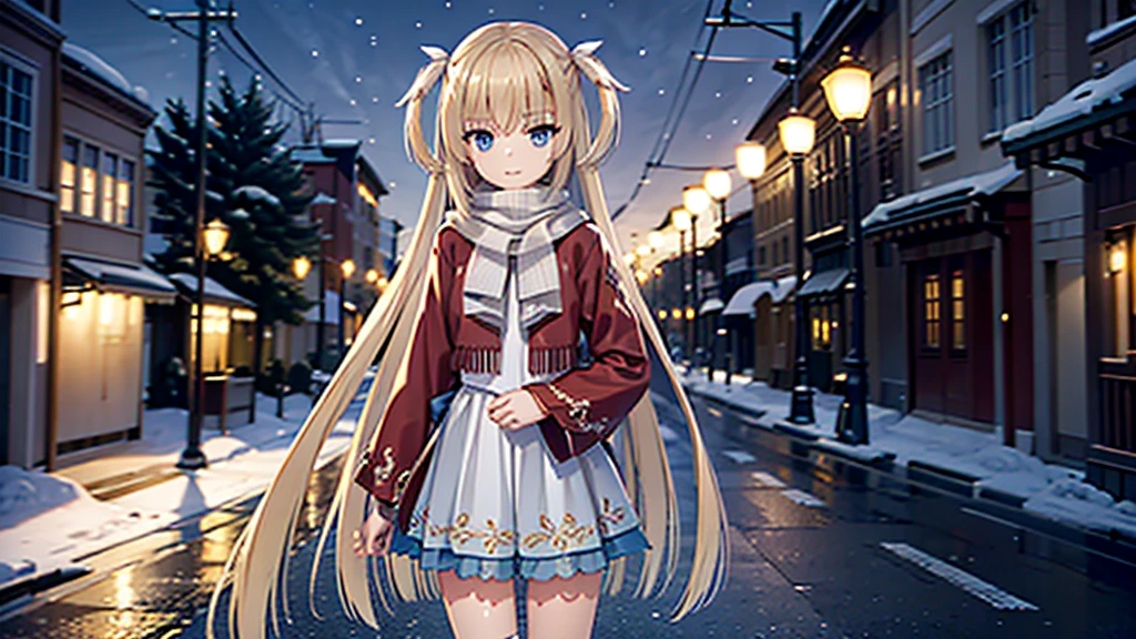 ((masterpiece)),(best quality),Official Art,Extremely detailed CG,Unity 8K wallpaper,Very detailed,Beautiful and delicate eyes,Extremely detailed face,1 girl,solitary,,(whole body:1.5),(small:1.3),,winter,Snowflakes fell in the sky,Light up the lights,Wish you a Happy New Year,Spring Festival,Wear a long red scarf,Red Jacket,Walking in the street,Celebrate in a warm atmosphere