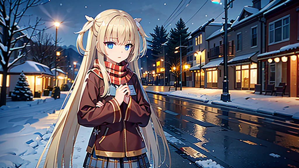 ((masterpiece)),(best quality),Official Art,Extremely detailed CG,Unity 8K wallpaper,Very detailed,Beautiful and delicate eyes,Extremely detailed face,1 girl,solitary,,(whole body:1.5),(small:1.3),，winter，Snowflakes fell in the sky，Light up the lights，Wish you a Happy New Year，Spring Festival，Wear a long red scarf，Red Jacket，Walking in the street，Celebrate in a warm atmosphere