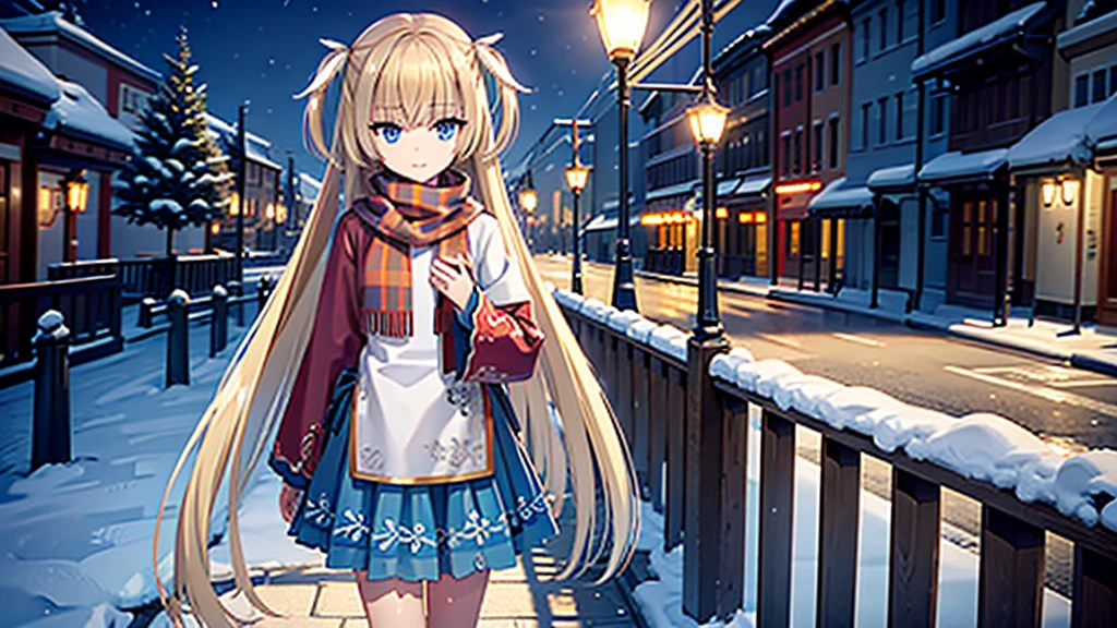 ((masterpiece)),(best quality),Official Art,Extremely detailed CG,Unity 8K wallpaper,Very detailed,Beautiful and delicate eyes,Extremely detailed face,1 girl,solitary,,(whole body:1.5),(small:1.3),，winter，Snowflakes fell in the sky，Light up the lights，Wish you a Happy New Year，Spring Festival，Wear a long red scarf，Red Jacket，Walking in the street，Celebrate in a warm atmosphere