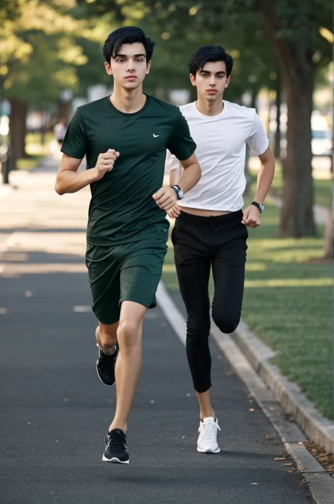 20 year old young man, with black hair, high, skinny and white, running in a dark green t-shirt, black pants and black shoes in the center of a modern city, United States