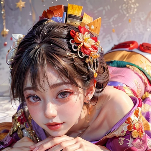(PUNIPUNI clavicle KIMONO ((offshoulder)) KANZASHI FlowerHairpins Topknot TwinBun Oiran-Hair)High-level, 8K Masterpiece TopQuality, Ultra-detailed CG, Absurd detailed wallpaper, PerfectLighting, Extremely detailed (((Personifying " OIRAN " as a KAWAII Girl))), Characteristic Items, aesthetic LifeLike Rendering, MysticSight, Haze Tyndall Scattering, (Studio GRAY Background with (Oodles Dazzling Iridescent 🌈Particles (BokeH))), (((Assfocus)) RoundlyButt) ThighGap, (Exposed:0.44) 🔞 BREAK (Acutance:0.8), (NOGIZAKA FaceVariations) Extremely Detailed very KAWAII FaceVariations, Childish CaptivatingGaze ElaboratePupils ParfectEyes with (SparklingHighlights:1.28), (Voluminous LongEyelashes:0.88), 💄💋✨ GlossyRedLips with BeautifulDetails, CoquettishTongue, PUNIPUNI RosyCheeks, Radiant PearlSkin with Transparency, Glowing DowneyHair . { (Dynamic LifeLike expressions:1.4) | (:d) }, (large eyes:-1) .