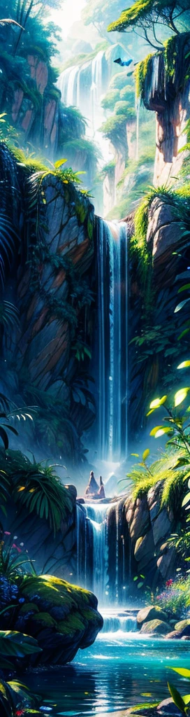 (best quality,4k,8k,highres,masterpiece:1.2),ultra-detailed,(realistic,photorealistic,photo-realistic:1.37),fantasy jungle,blue leaf,pink butterfly,firefly,glowing mushroom,strange looking tree,black vines,strange looking flowers,floating jelly fish,colorful flowers and tree,ethereal lighting,vibrant colors,beautiful foliage,lush greenery,magical atmosphere,whimsical details,dreamlike scenery,serene ambience,tropical paradise,mythical creatures,hidden treasures,peaceful solitude,majestic waterfalls,mysterious charm,enchanted forest,enchanted beauty,ethereal glow