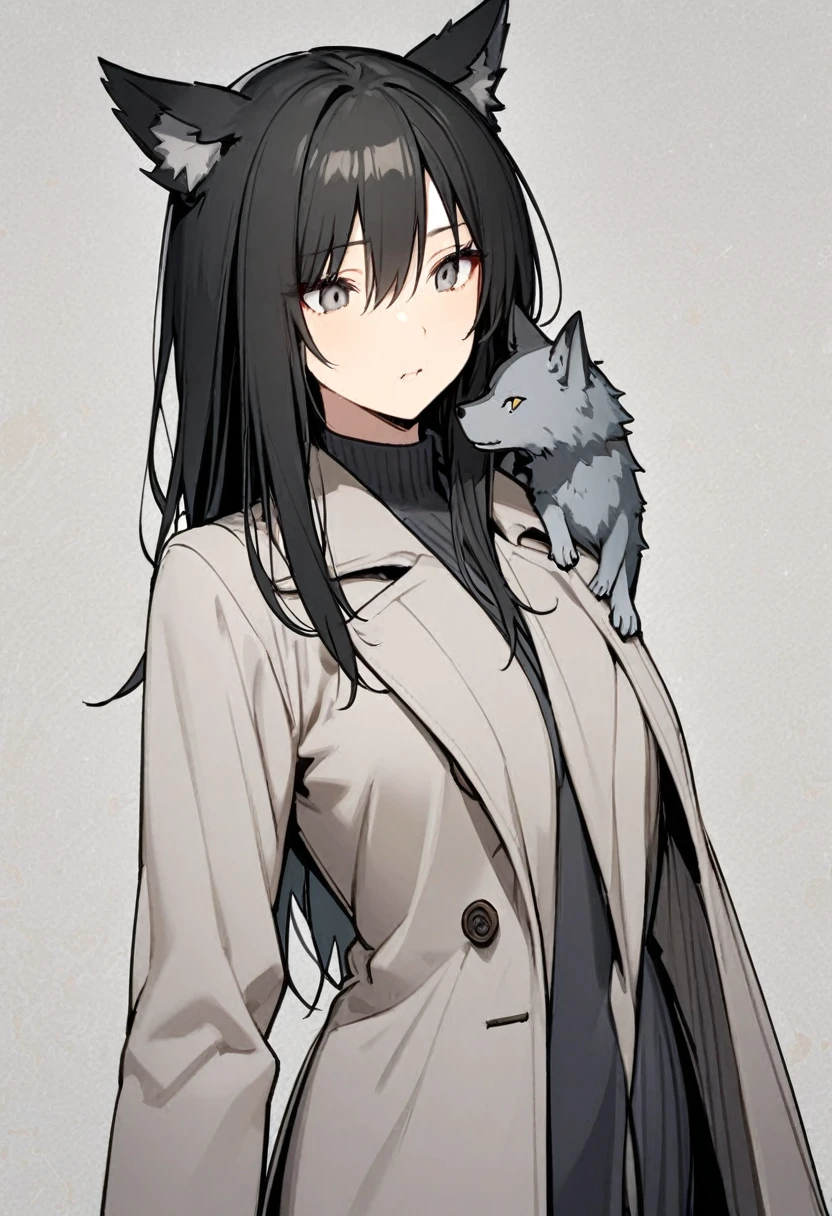 Black hair girl，Wolf ears，Tall figure，one person，Gray coat，Natural expression，Half Body