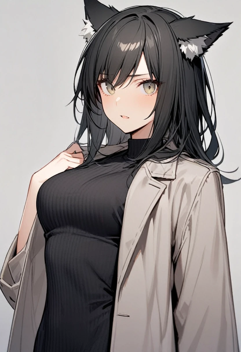 Black hair girl,Wolf ears,Tall figure,one person,Gray coat,Natural expression,Half Body