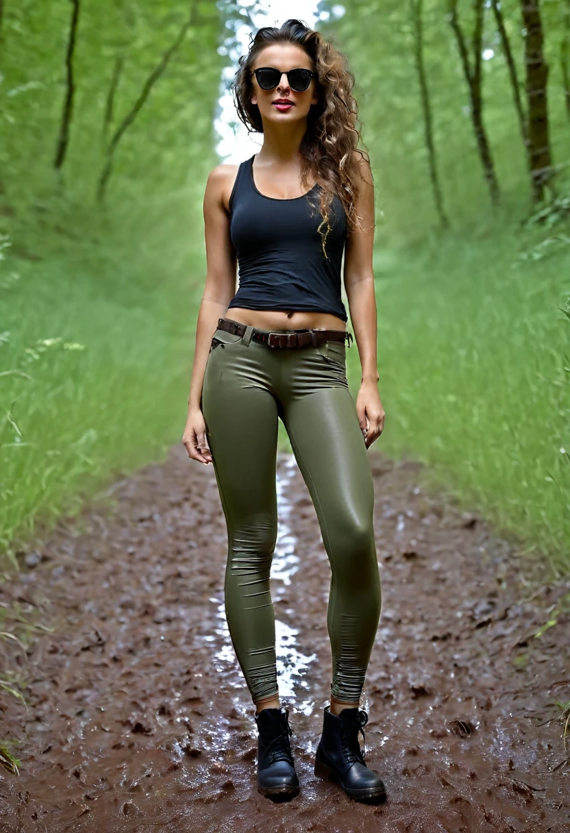 Two gorgeous European lesbians embraced, age 23, wavy hair. The one on the left is wearing (muddy khaki leggings:1.5), military boots, distressed tight top khaki tank showing tits, baseball cap, gloves and sunglasses. The one on the right is wearing a red checkered shirt with cleavage, (skinny dirty muddy washed-out black jeggings:1.5), hiking boots, belt, sunglasses. (spreading legs wide showing crotch:1.5). Back view. Perfect body, perfect hair, perfect breast, dildo. blurry foreground, UHD, retina, masterpiece, accurate, anatomically correct, textured skin, super detail, high details, high quality, award winning, best quality, highres, 16k, 8k, sunset light.