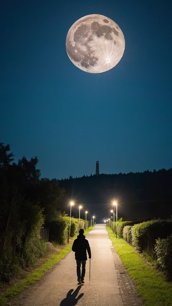 Photo-realistic landscapes,A starless night,There is only a full moon,A human-shaped shadow is walking,32k