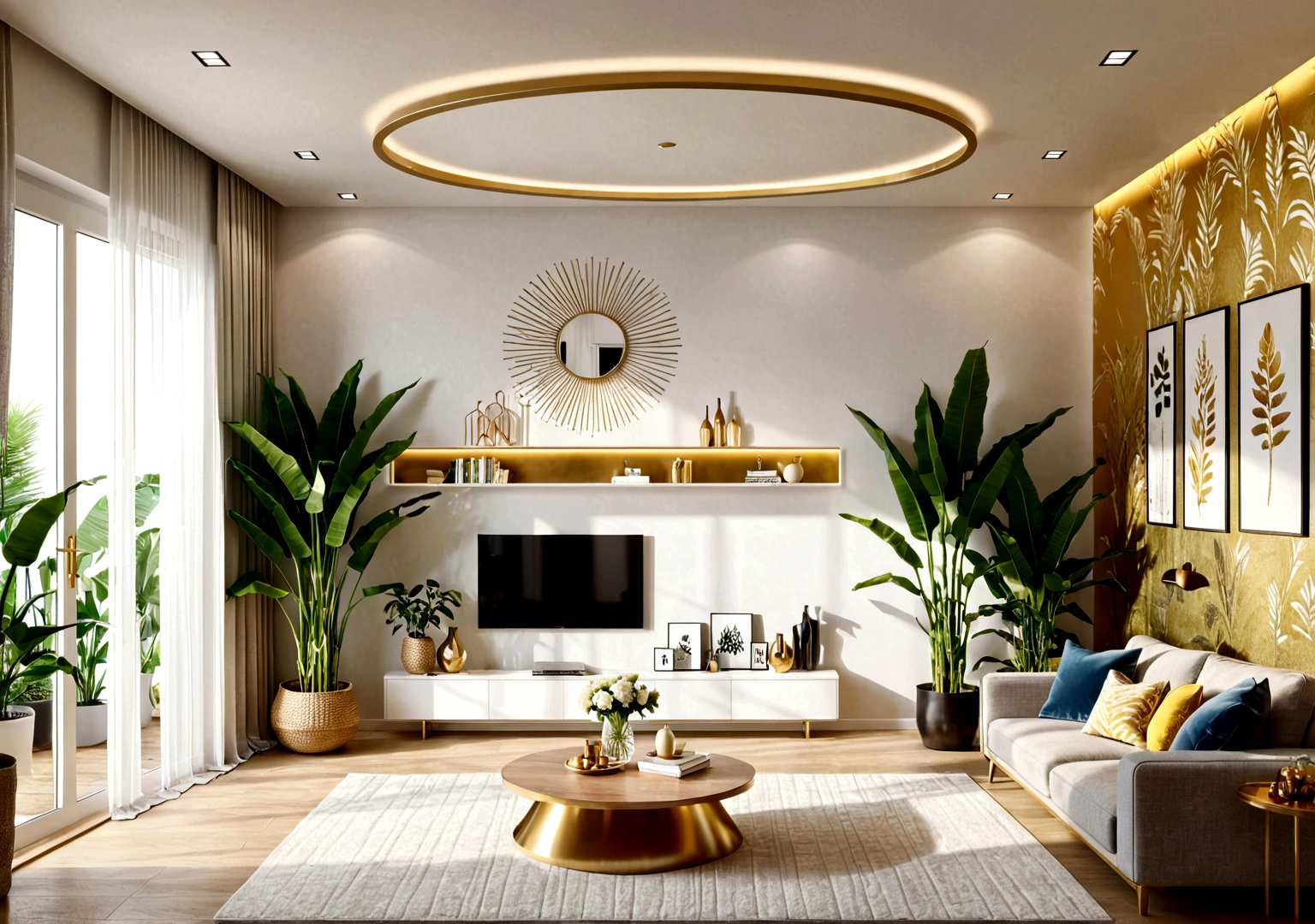 Create a stylish and simple living room，There is an arch-shaped decorative light surround on the white wall，There are golden ears of wheat inside，There is a banana tree on the right.，There are 6 shelves on the left side，There is perfume on the shelf，Potted plants，Night Light。The room should combine the texture of plasterboard and wallpaper，To present a stylish and exquisite appearance，Bright lights in the room，Soft light, Make the space feel open and bright. Incorporate simple decorative elements，Enhance modern aesthetic.Front view，Head-up，Real Effects，Photography，8K，Super Detail，High-definition photography