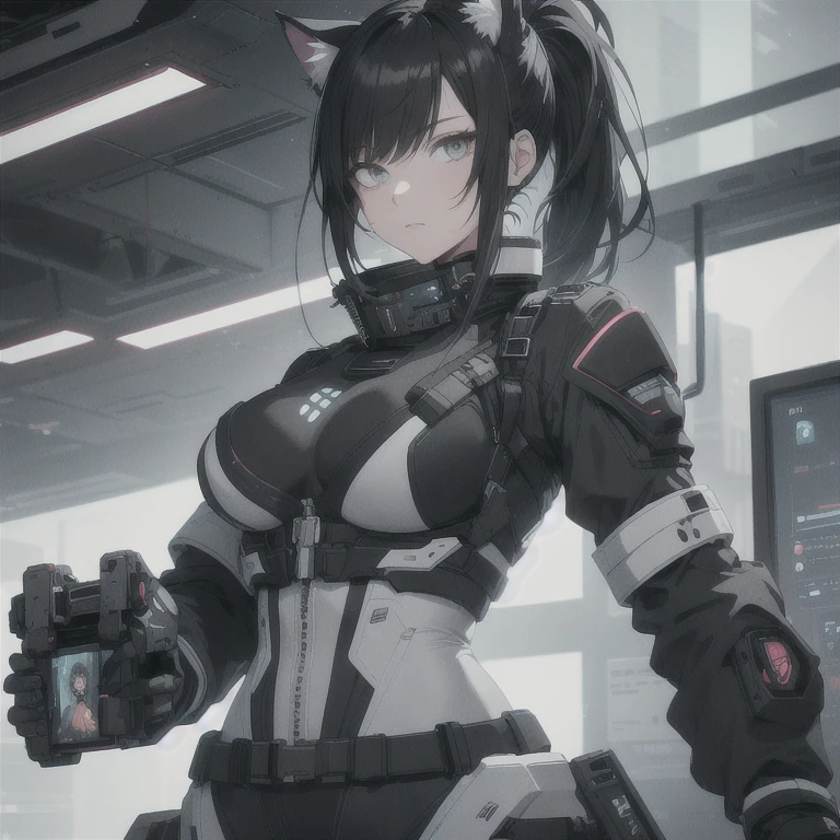 Absurd resolution, high resolution, (masterpiece: 1.4), hyper-detail, full body shot, solo, 1 kemono feline cat woman, black hair, messy ponytail, cute face, detailed soft grey eyes, extremely large bust, huge hyper super breasts, wide full hips, narrower torso, smaller torso, full thicc soft thighs, rounded full soft butt, monochrome black and grey fullbody covering protective padding pilot rugged utility suit with white accents and chest, scifi padded high collar techwear jacket with white and black triangular decals and techwear iconography, techwear gloves, lower arm mounted display scifi tablet/communication device/computer, rugged tablet display mounted on MOLLE strap on top of her bust, fitted utility pants, near future scifi, cyberpunk aesthetic, anime aesthetic