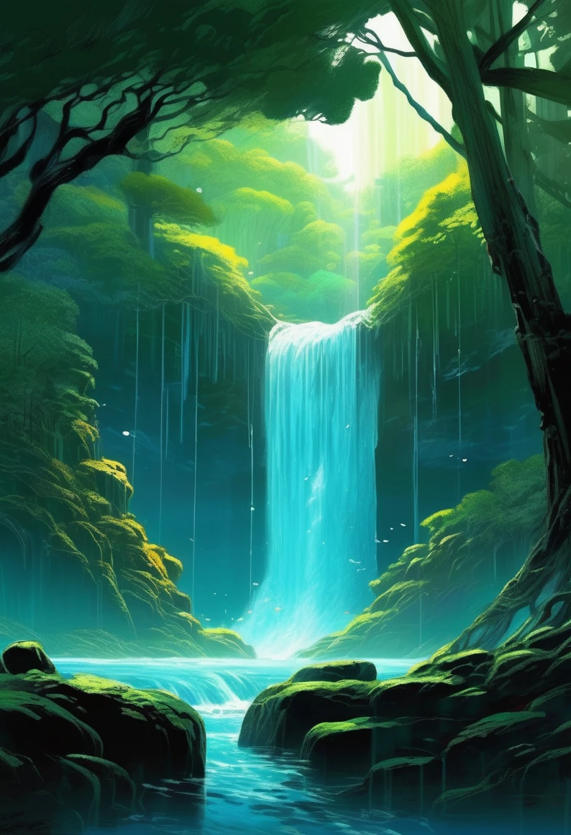 Noah Bradley Style - Beautiful Anime Forest Scenery, Fantasy Landscape, Volumetric lighting, wallpaper, water, Raking light, Chiaroscuro, Cascading waterfall, rocks, Dreamy, Moody, Studio Ghibli, Ori and the blind forest Emotional