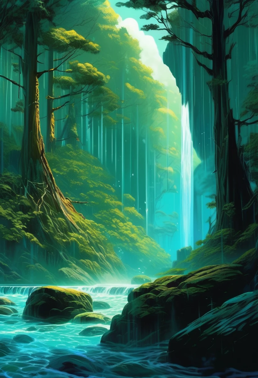 Noah Bradley Style - Beautiful Anime Forest Scenery, Fantasy Landscape, Volumetric lighting, wallpaper, water, Raking light, Chiaroscuro, Cascading waterfall, rocks, Dreamy, Moody, Studio Ghibli, Ori and the blind forest Emotional