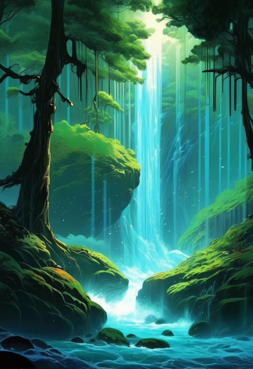 Noah Bradley Style - Beautiful Anime Forest Scenery, Fantasy Landscape, Volumetric lighting, wallpaper, water, Raking light, Chiaroscuro, Cascading waterfall, rocks, Dreamy, Moody, Studio Ghibli, Ori and the blind forest Emotional