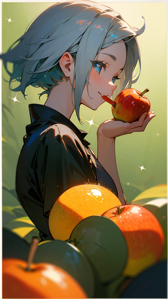 -yeld giAnime style painting、Upper body close-up、smile、From the side, impression, (Oil), Green and orange tones、Silver Hair, (Sparkling blue eyes)、Eating an apple、Delicate contours、Background Blur, Depth of the drawn border