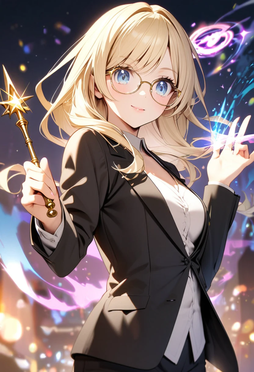 blond，grace，Black suit，Gold rimmed glasses，girl，one person，Magic wand in hand