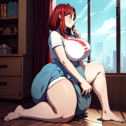 Red hair mature female, sitting on massive inflated messy diaper, diaper is bulging out on all sides across the floor, naughty face, lust face, mouth open, tongue out, shouting orgasm, huge breasts, thighs, cleavage, narrow waist, wide hips, thick thighs, huge ass, enormous huge natural breasts, enormous saggy overflowing bulging diaper, diaper keeps getting bigger and bigger and bigger can’t hold it about to burst, pushing as hard as possible to make diaper even bigger, hands on knees, diaper inflating to hot air balloon size, diaper bigger than body, diaper massively stretched out