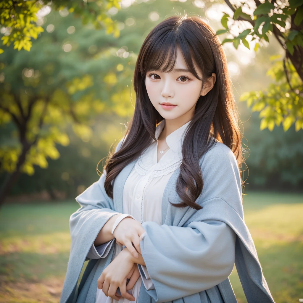 Photograph of beautiful Korean girl in a morning park, portraits with soft lighting, uhd image, 8K, detailed costumes, layered portraits, wealthy portraiture, --v 5.2
