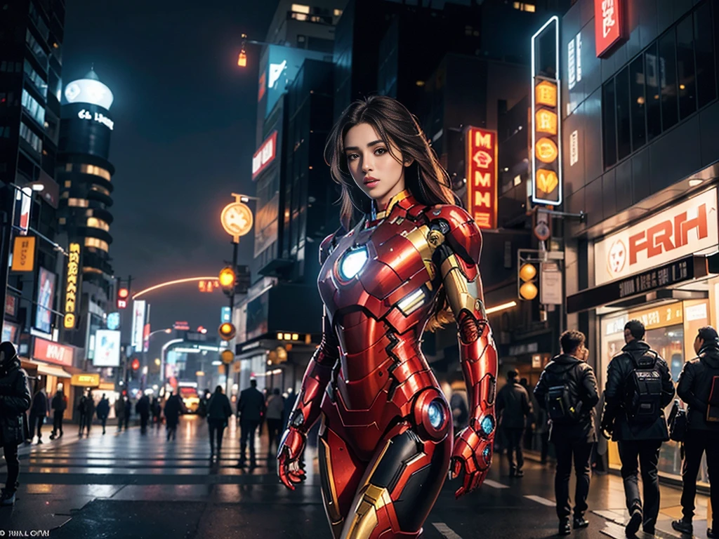 8K, Realistic, Attractive, Highly detailed, A 20 year old caucasian girl, a sexy and attractive woman，inspired by Iron Man，Wearing a shiny Iron Man mech. She dresses sexy and confident, A perfect interpretation of the power and charm of Iron Man. In a cyberpunk-style night view of the city, Sexy and charming woman with the theme of Iron Man's cosplay. Wearing a shiny Iron Man mech, She stood on a street lined with tall buildings. The night lights of the city are bright, Reflect on her mech, Add a sense of futuristic technology. The surrounding buildings and streets are full of cyberpunk elements, Like neon lights, High-tech equipment and futuristic architectural design. The whole scene is full of futuristic and sci-fi atmosphere. This HD, High-quality graphics will give you amazing visual enjoyment, The perfect combination of sexiness, Futuristic and sci-fi elements. oc rendered, Dramatic lighting, Award-winning quality