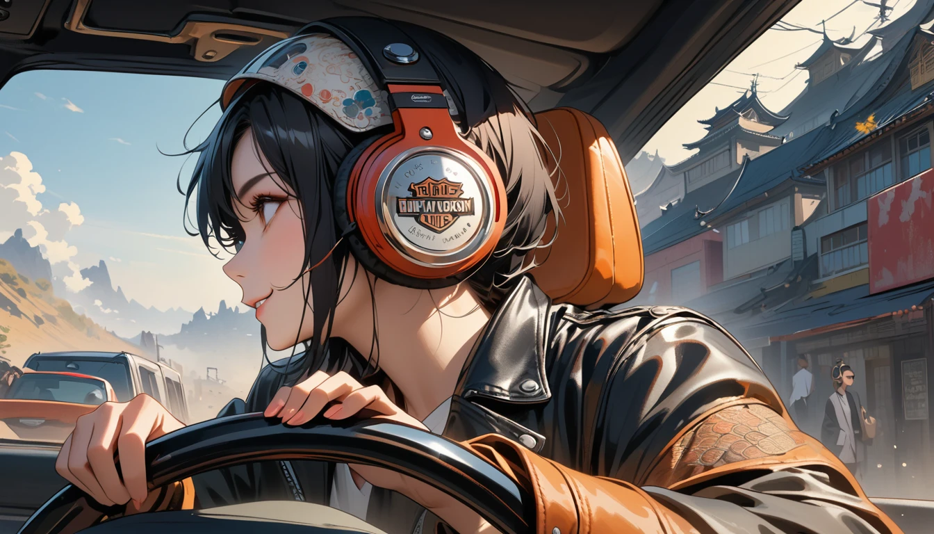 ((8k of extremely detailed CG unit, Masterpiece, high resolution, highest quality, highest quality real texture skin)), (((profile))), (((Japanese pattern leather jacket))), (((Harley-Davidson))), (((Japanese style headphones))), (((sunglasses))), (((Smiling while driving))), (((Japanese patterned helmet))), ((1 girl)), (Black hair, messy hair, beige skin), (surreal, digital painting)