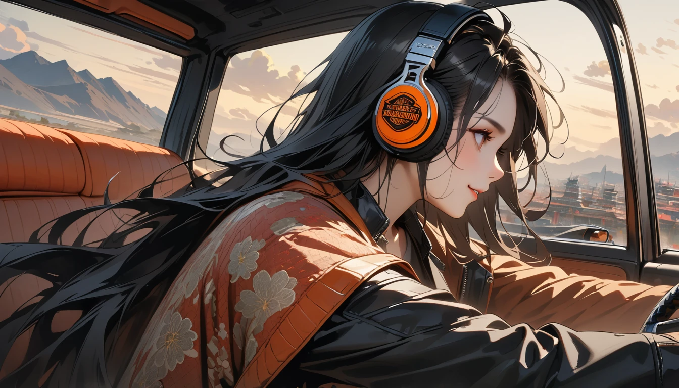 ((8k of extremely detailed CG unit, Masterpiece, high resolution, highest quality, highest quality real texture skin)), (((profile))), (((Japanese pattern leather jacket))), (((Harley-Davidson))), (((Japanese style headphones))), (((sunglasses))), (((Smiling while driving))), (((Japanese patterned helmet))), ((1 girl)), (Black hair, messy hair, beige skin), (surreal, digital painting)