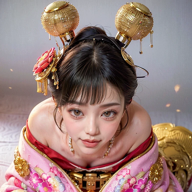 (PUNIPUNI clavicle KIMONO ((offshoulder)) KANZASHI FlowerHairpins Topknot TwinBun Oiran-Hair)High-level, 8K Masterpiece TopQuality, Ultra-detailed CG, Absurd detailed wallpaper, PerfectLighting, Extremely detailed (((Personifying " OIRAN " as a KAWAII Girl))), Characteristic Items, aesthetic LifeLike Rendering, MysticSight, Haze Tyndall Scattering, (Studio GRAY Background with (Oodles Dazzling Iridescent 🌈Particles (BokeH))), (((Assfocus)) RoundlyButt) ThighGap, (Exposed:0.44) 🔞 BREAK (Acutance:0.8), (NOGIZAKA FaceVariations) Extremely Detailed very KAWAII FaceVariations, Childish CaptivatingGaze ElaboratePupils ParfectEyes with (SparklingHighlights:1.28), (Voluminous LongEyelashes:0.88), 💄💋✨ GlossyRedLips with BeautifulDetails, CoquettishTongue, PUNIPUNI RosyCheeks, Radiant PearlSkin with Transparency, Glowing DowneyHair . { (Dynamic LifeLike expressions:1.4) | (:d) }, (large eyes:-1) .