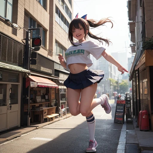 Best Images, Detailed and delicate depiction, big character, Deformed, A huge and cute high school girl runs with a smile, Stomp and destroy the city