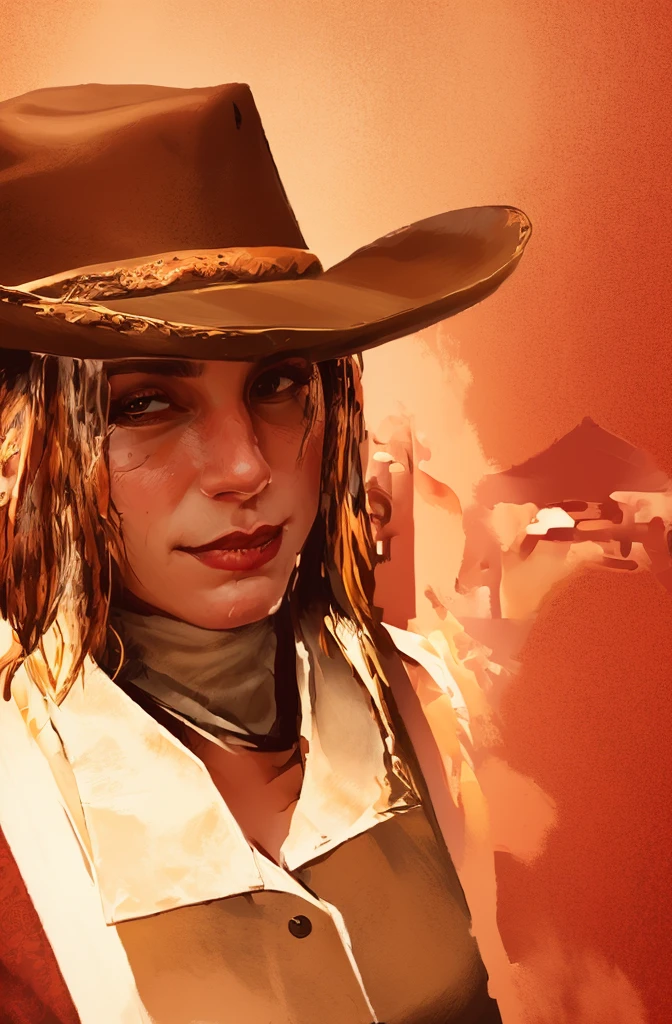 R3DD34Dstyle, digital portrait, cowgirl, white shirt, brown hat, Meticulous Facial Features, patronage, red background
