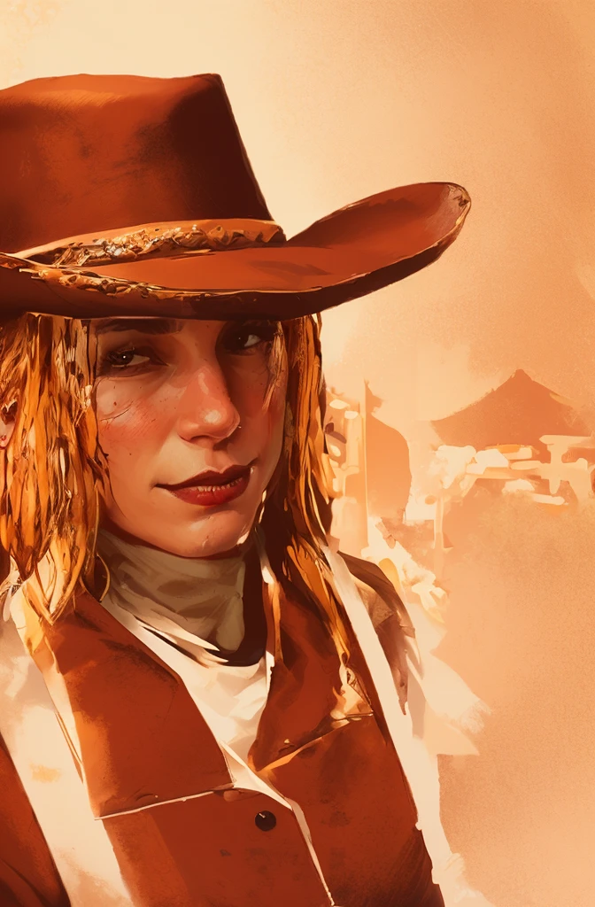 R3DD34Dstyle, digital portrait, cowgirl, white shirt, brown hat, Meticulous Facial Features, patronage, red background