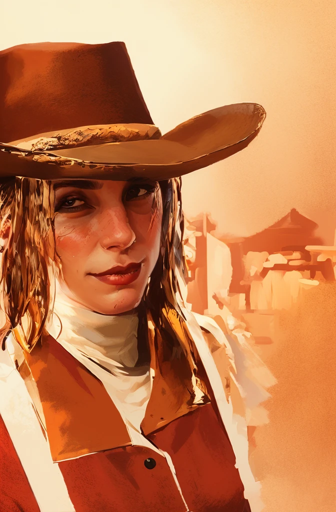 R3DD34Dstyle, digital portrait, cowgirl, white shirt, brown hat, Meticulous Facial Features, patronage, red background