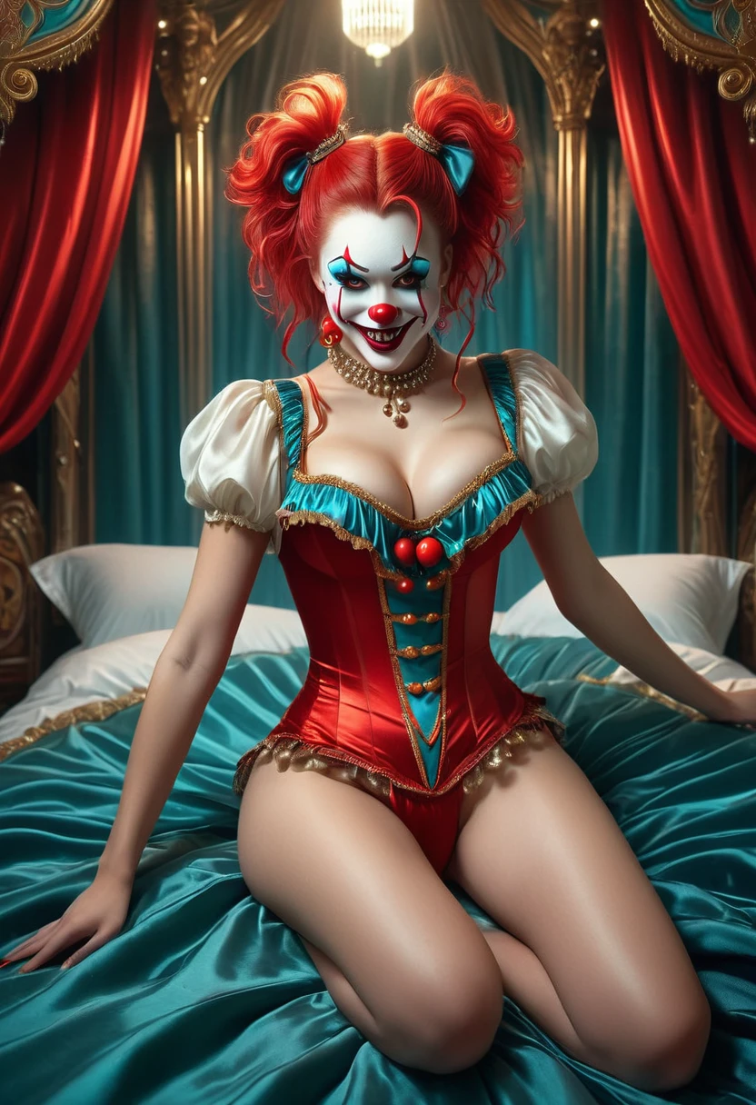 (masterpiece, 8K, UHD, RAW), a sexy girl kissing a evil clown in bed, (((a beautiful young woman riding on top of one huge horrific circus clown with a red nose))), (she rides the male Clown with lustful femininity), her beautiful body is covered by a sheer translucent white tunic with Art Nouveau embroidery, big sexy perky breasts, her pristine delicate features contrasts with the horrendous menacing fangs of the corrupted male clown, full body vibrant illustrations, intricately sculpted, realistic hyper-detailed portraits, queencore, depicts real life, the scene happens in a luxurious Art Nouveau boudoir with studio illumination, red and teal silk satin, Sexy smile,