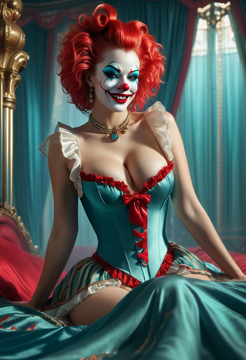 (masterpiece, 8K, UHD, RAW), a sexy girl kissing a evil clown in bed, (((a beautiful young woman riding on top of one huge horrific circus clown with a red nose))), (she rides the male Clown with lustful femininity), her beautiful body is covered by a sheer translucent white tunic with Art Nouveau embroidery, big sexy perky breasts, her pristine delicate features contrasts with the horrendous menacing fangs of the corrupted male clown, full body vibrant illustrations, intricately sculpted, realistic hyper-detailed portraits, queencore, depicts real life, the scene happens in a luxurious Art Nouveau boudoir with studio illumination, red and teal silk satin, Sexy smile,