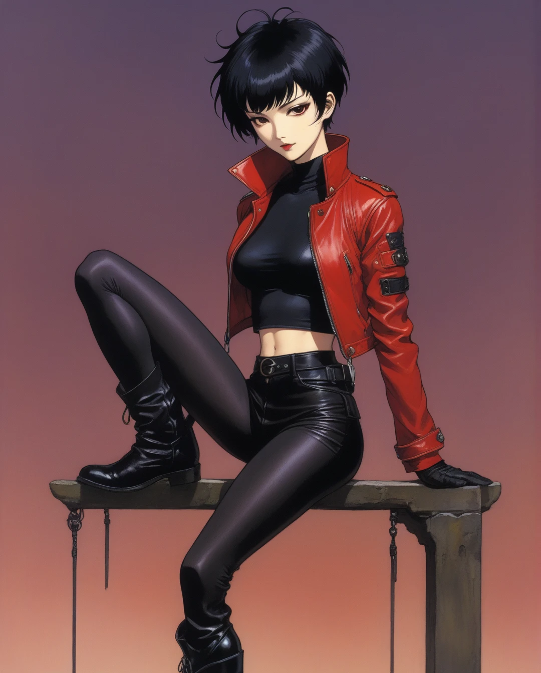 amano yoshitaka, a full-body, high-resolution anime style of A woman with black pixie cut hair, dressed in black tights, black boots, black crop top, and red leather jacket