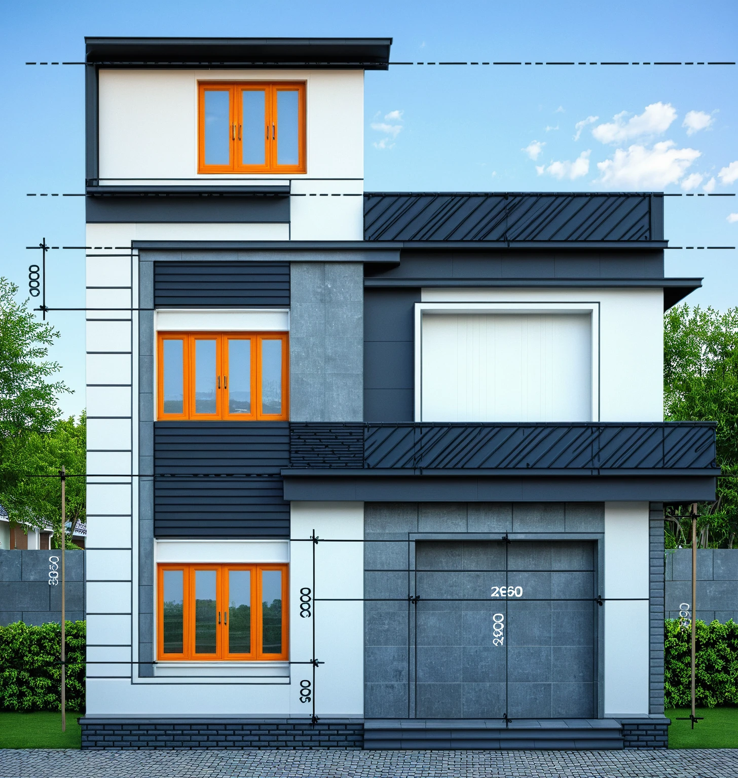 modern villa on street, (daylight), tropical tree, (slope roof, black tiled roof:1.2), vivid color, streetcapes, nice sky, grey tone, large glass door, warm interior lighting, modern material, best quality, ultra realistic, masterpiece, 17ArchiAI_XL_VL-v1
