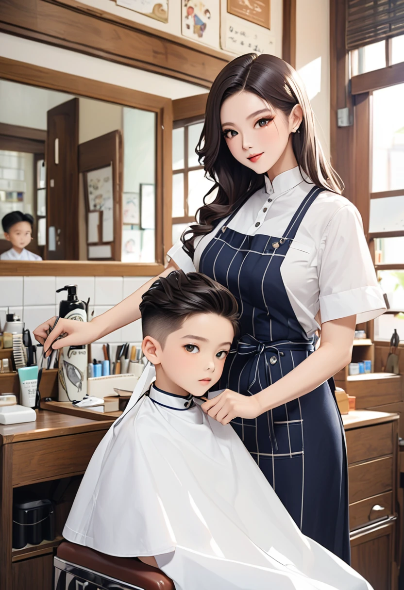 The photo shows a woman and an elementary school boy.、barber、(A young and very beautiful woman(Wearing a white barber's uniform:1.4)、skirt、Cutting a boy's hair:1.7)、少年はbarberのイスに座る、A kind smile、Big Breasts、Boy looking at woman's breasts、Fine facial features、Beautiful Eyes、Long eyelashes、Highly detailed and realistic cinematic lighting、Glowing Skin、Delicate hands、Warm tones、Soft focus background、